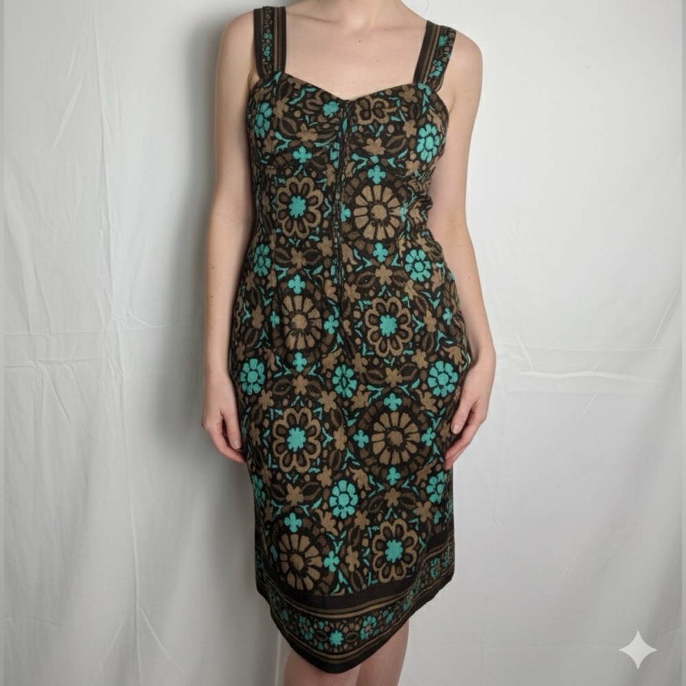 Trina Turk 6 Vintage Brown Teal Floral Lightweight Semi Sheer Dress